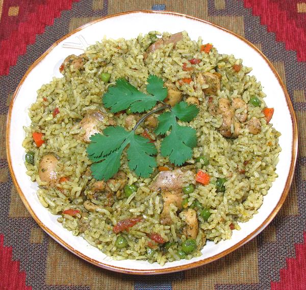 Dish of Green Rice with Chicken